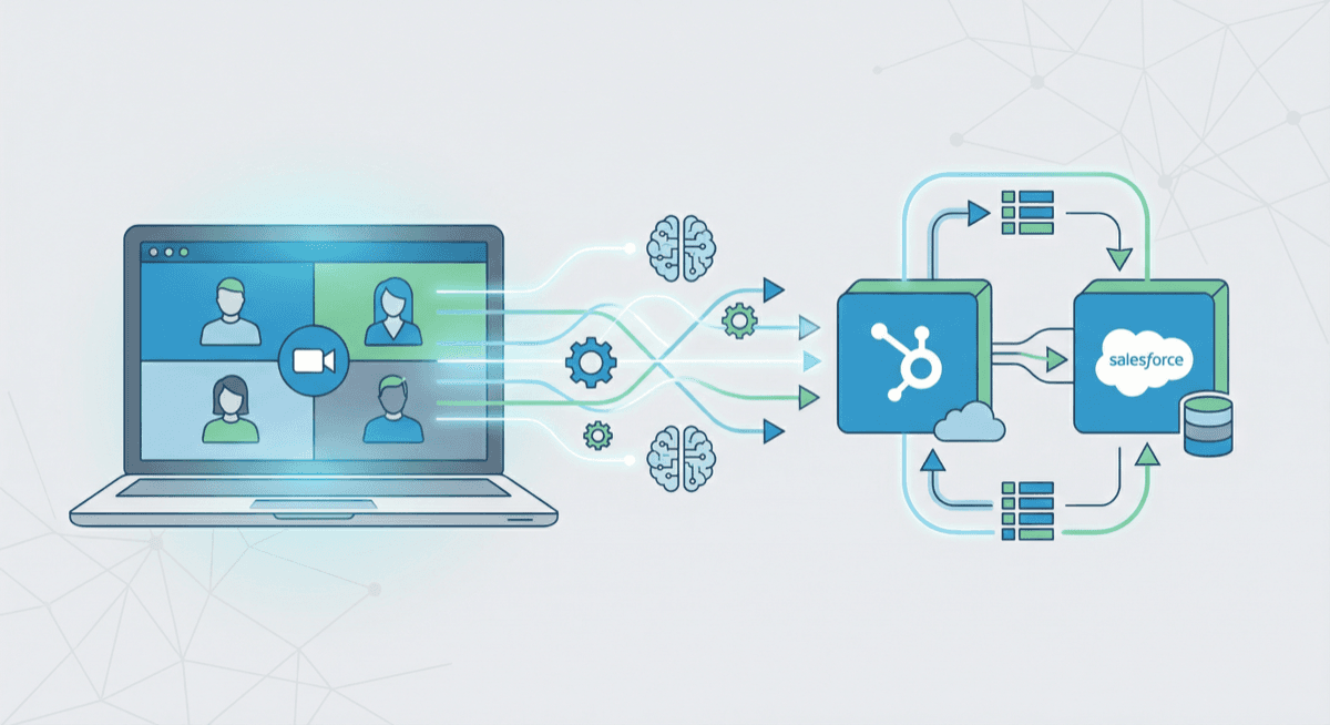 AI tools updating CRM automatically after meetings - data flowing from video calls to HubSpot and Salesforce