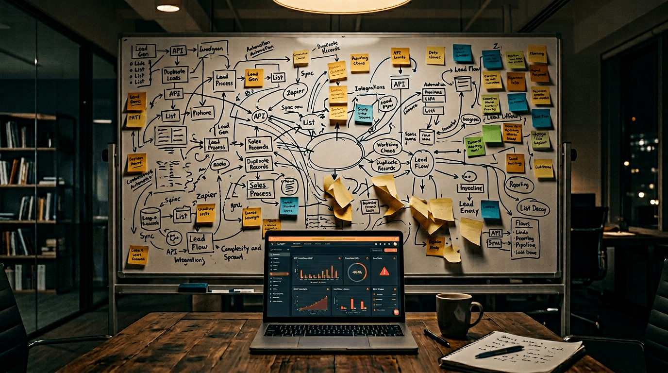 Diagram of HubSpot scaling friction patterns including property sprawl, workflow collisions, and integration debt